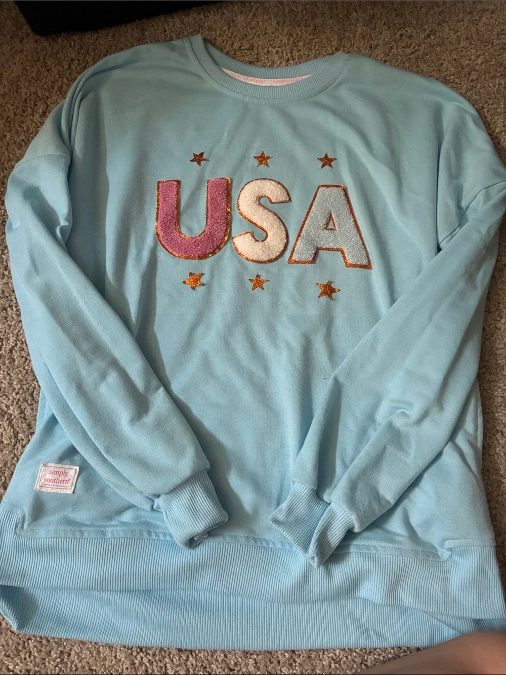 Simply Southern Light Blue Pullover Hoodie with Pink Logo Patch